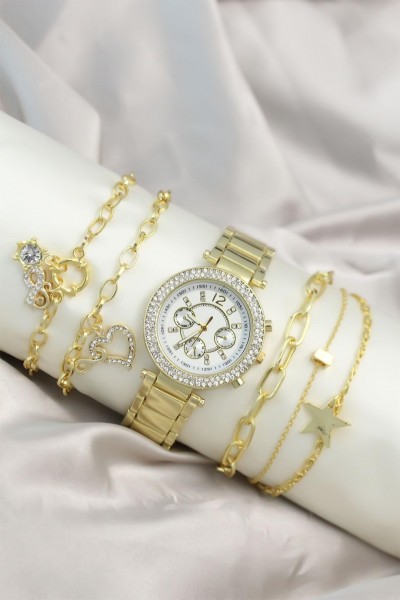 Gold Metal Taşlı Kasa Kadın Kol Saati ve Bileklik Kombini BK 3615