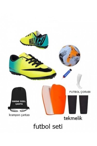 Çocuk Halı Saha Ayakkabısı Ve Full Futbol Seti - İsimli Çanta, Top, Tekmelik, Çorap, Pompa