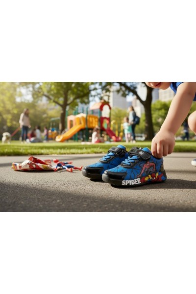 Çocuk Spider Temalı Işıklı Spor Ayakkabı – Mavi Siyah – Rahat ve Kaymaz Taban