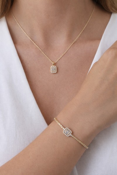 Baget Taşlı  Altın Kaplama Kolye Bileklik Seti  Kararma Yapmaz