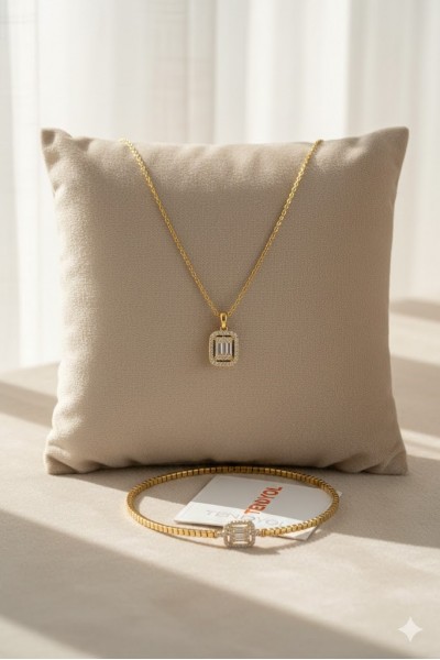 Baget Taşlı  Altın Kaplama Kolye Bileklik Seti  Kararma Yapmaz