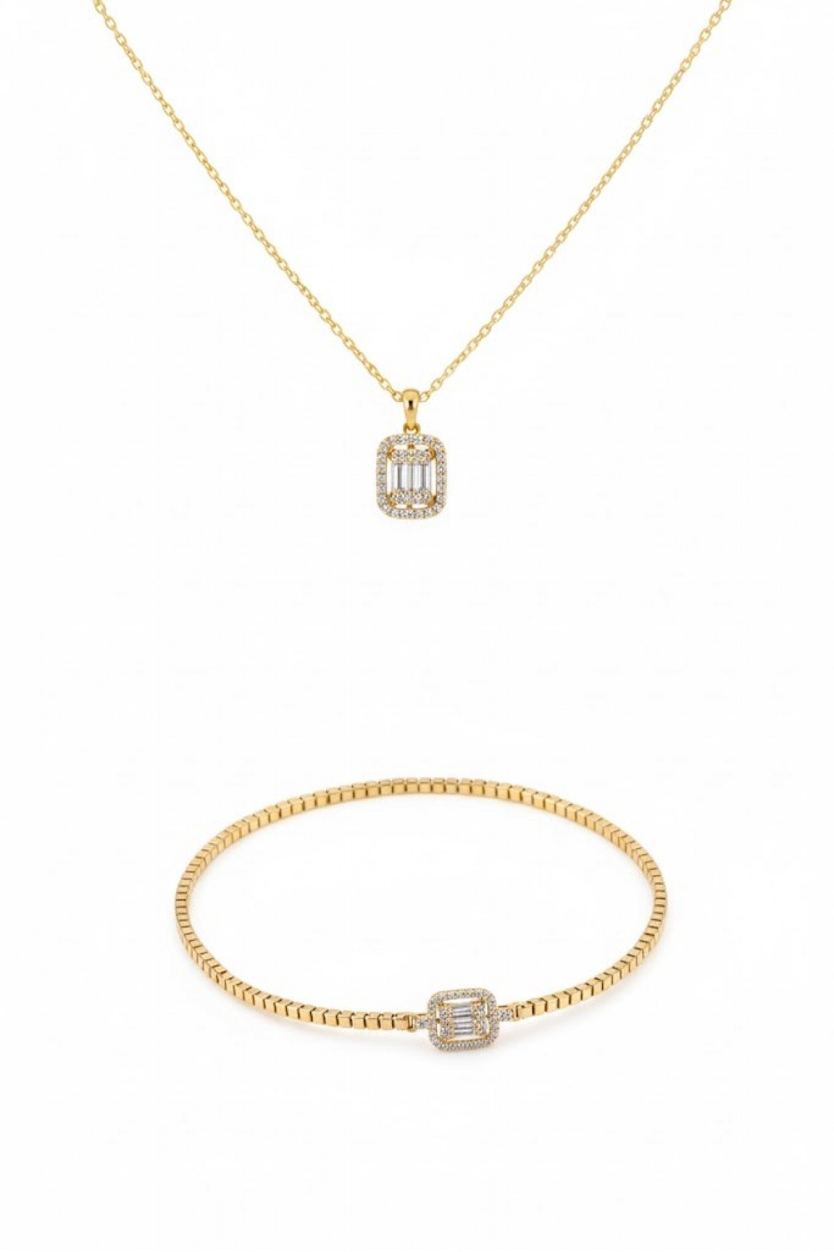 Baget Taşlı  Altın Kaplama Kolye Bileklik Seti  Kararma Yapmaz