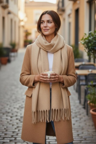 Camel Renk Püsküllü Yumuşak Dokulu Kışlık Şal