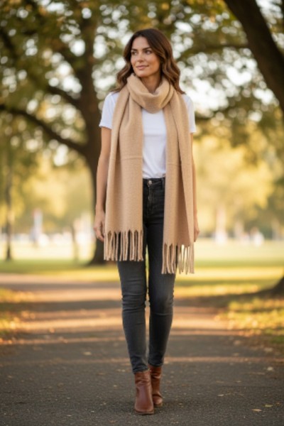 Camel Renk Püsküllü Yumuşak Dokulu Kışlık Şal Camel Renk Püsküllü Yumuşak Dokulu Kışlık Şal