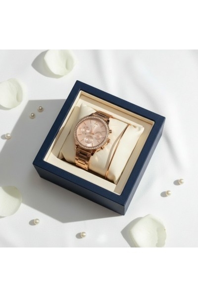 Rose Gold Taşlı Kadın Kol Saati ve Bileklik Seti Rose Gold Taşlı Kadın Kol Saati ve Bileklik Seti