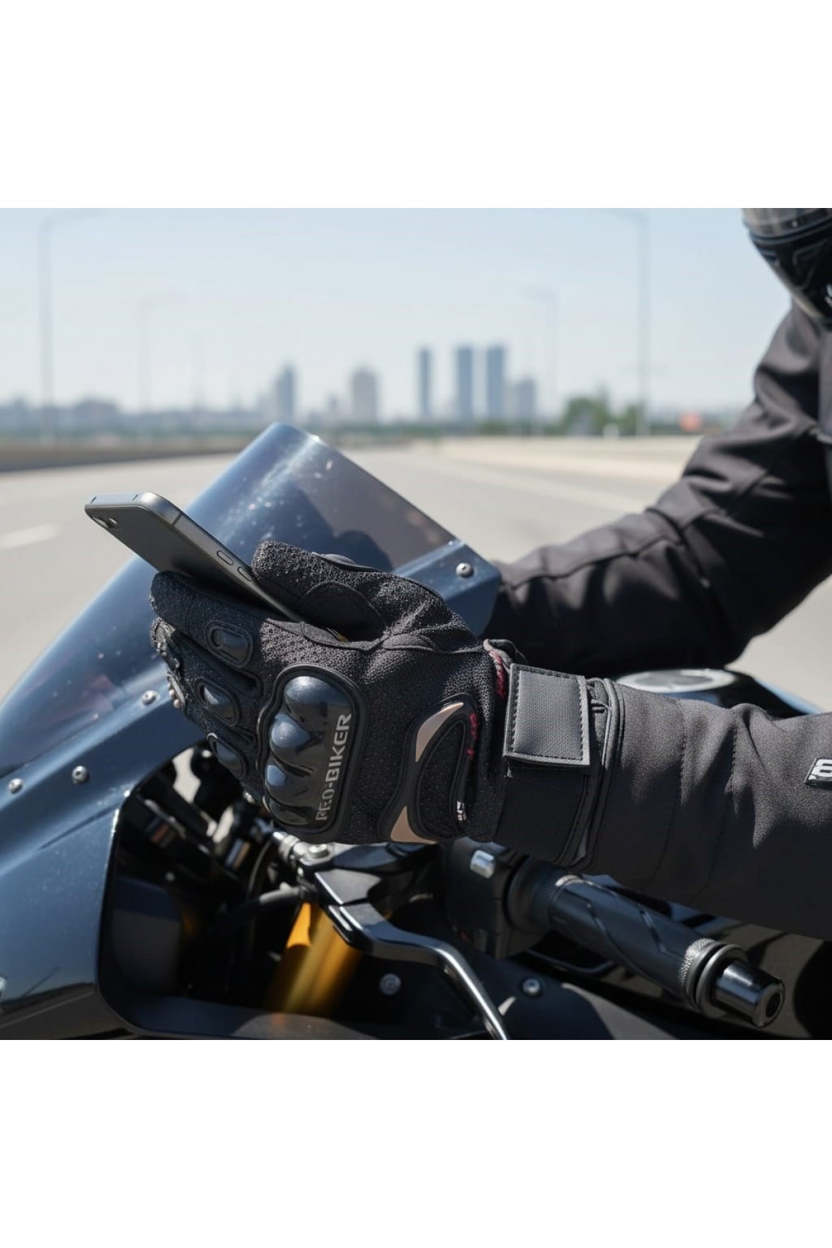 Mafsallı Motosiklet Eldiveni - Korumalı Full Parmak Yazlık/Mevsimlik Siyah Motorcu Eldiveni