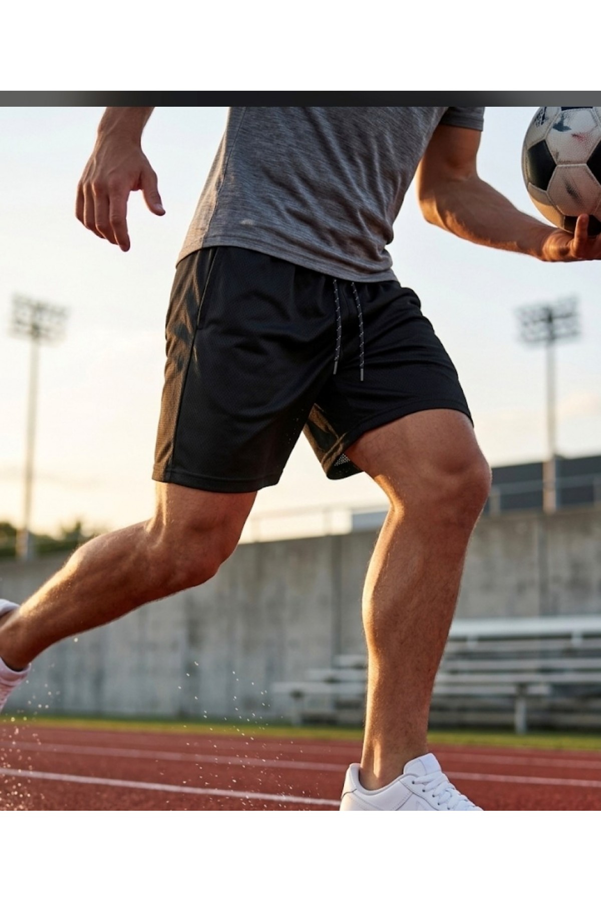Erkek Siyah Mesh Kumaş Spor Şortu Rahat Kalıp Antrenman Şortu