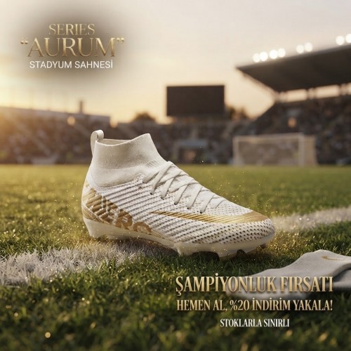 Beyaz/Altın Çim Saha Futbol Kramponu ve  Çantası