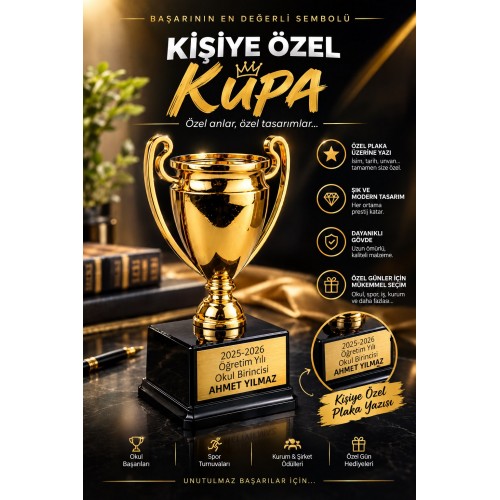 İsme Ve Logoya Özel Kişiselleştirilebilir 17 Cm Lüks Ödül Kupası - Turnuva Ve Okul Ödülü